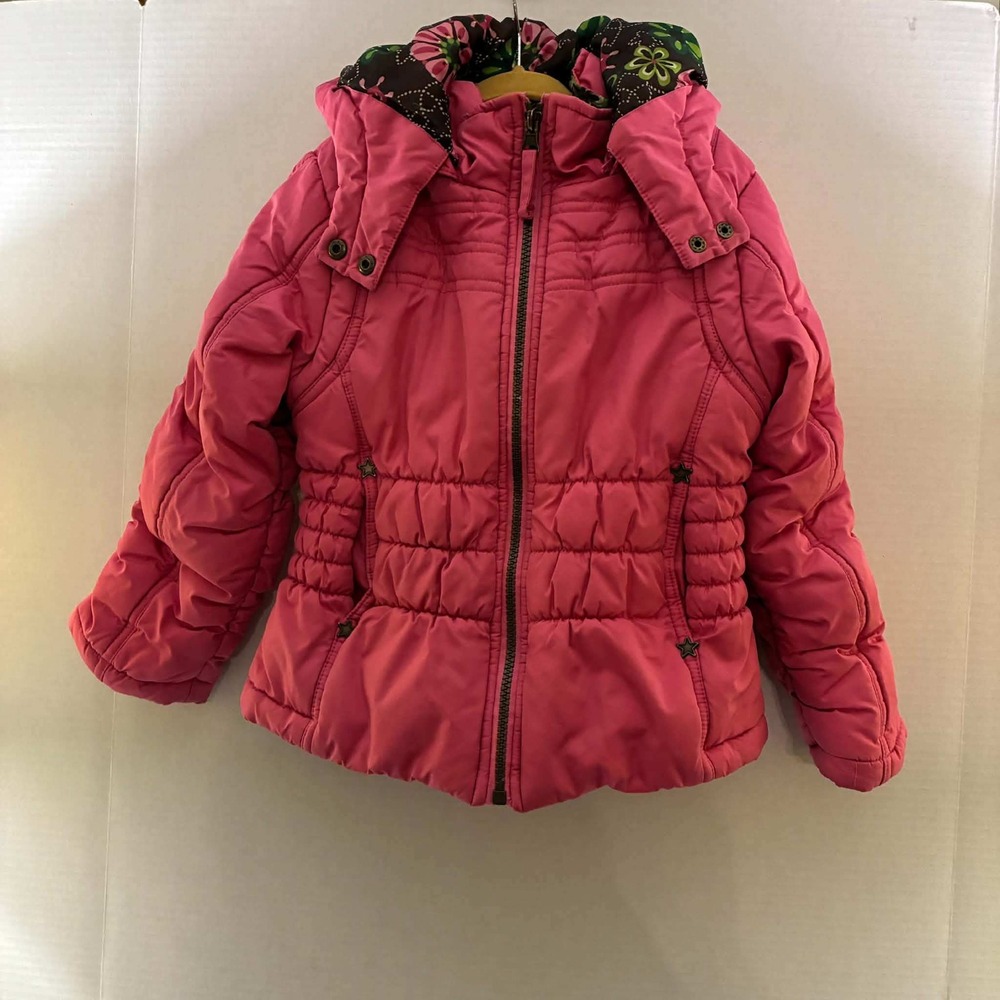 Unbranded Puffer Jacket Girls 10 Pink Hooded Star Trim Floral Lined Winter Coat
